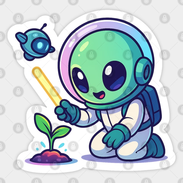 Cute Alien Gardener Growing a Plant • Wholesome Space Art Sticker by Anne Lee